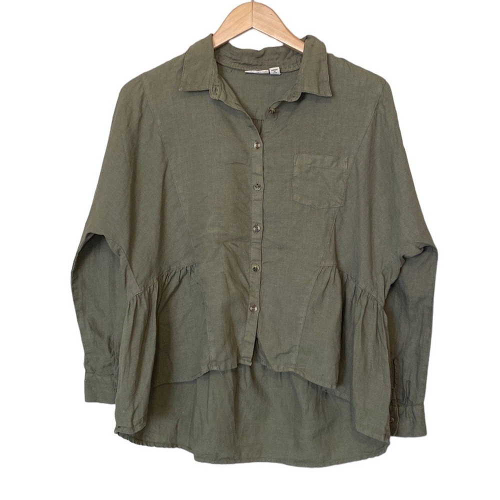 Anthropologie Holding Horses Green McKenzie Peplum Hi-Lo 100% Linen Shirt XS